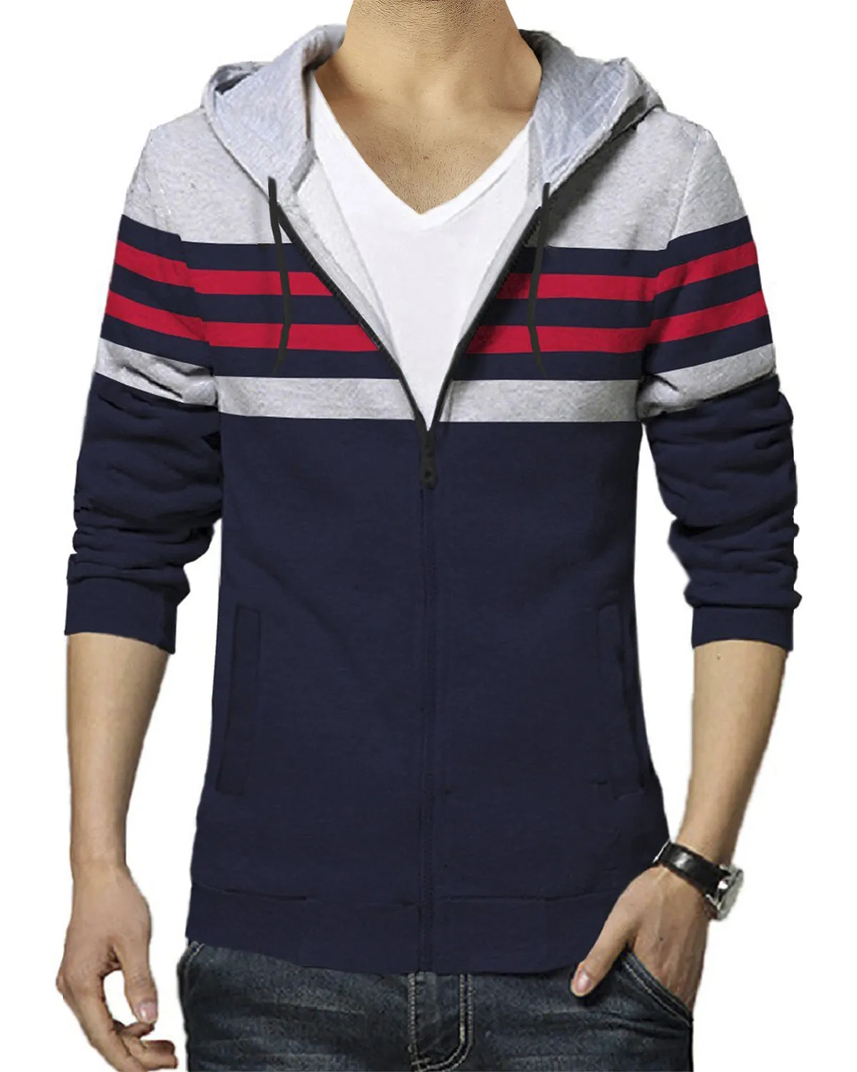 Men Full Sleeve Navyblue Grey Colorblock Hooded Jacket