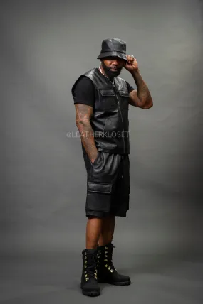 Men's Bless Set Leather Vest & Leather Cargo Shorts [Black]