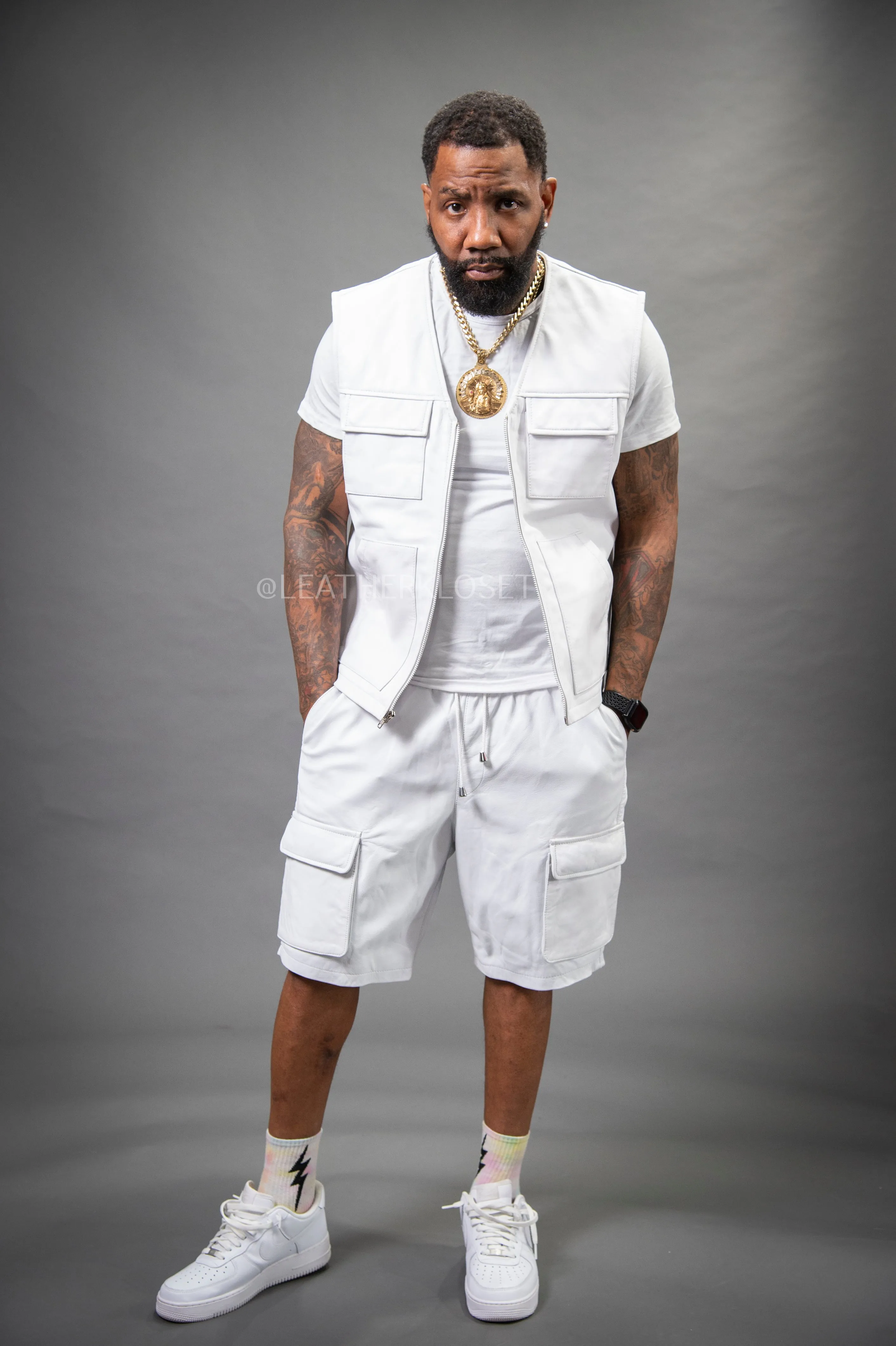 Men's Bless Set Leather Vest & Leather Cargo Shorts [White]