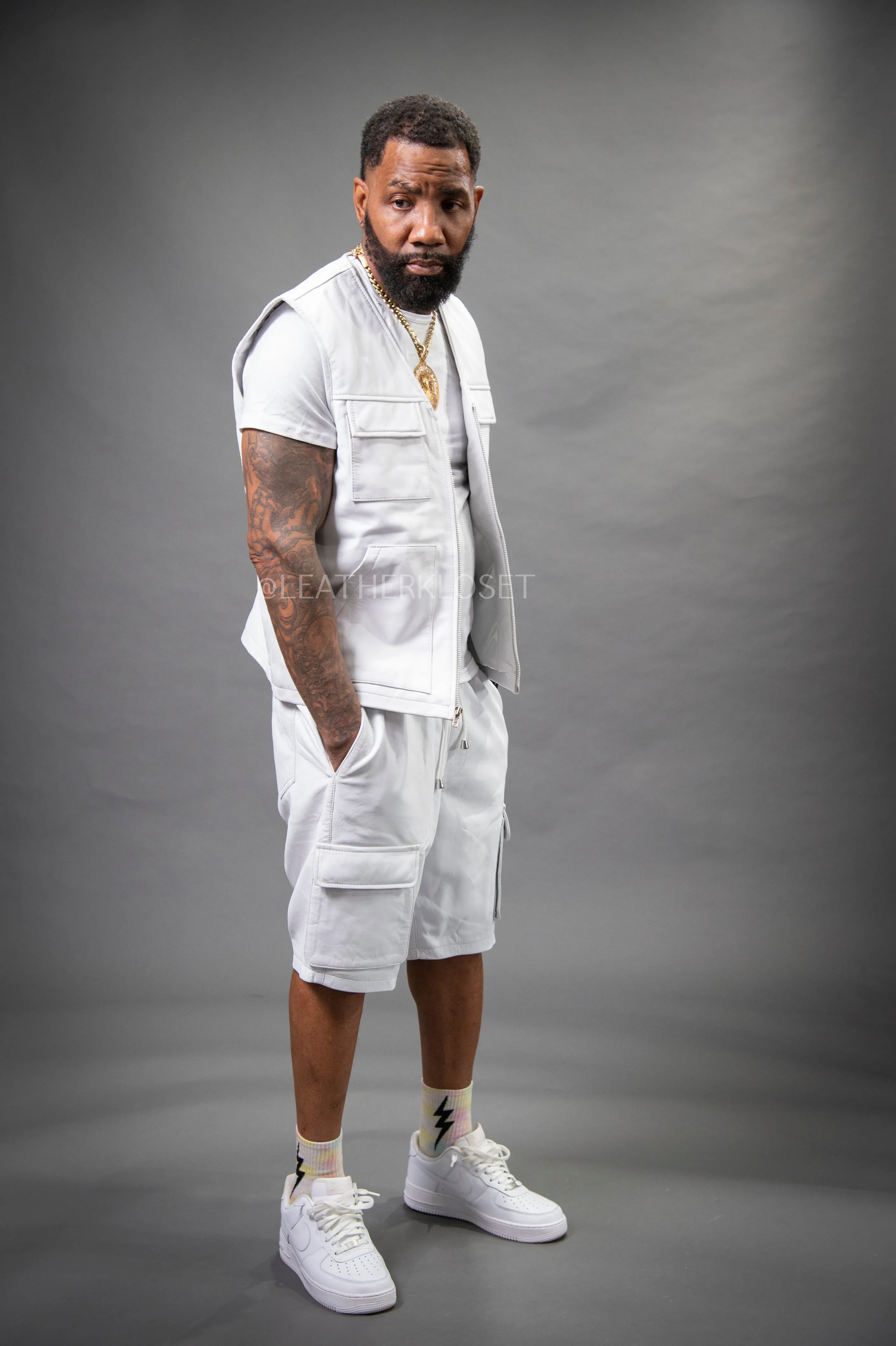 Men's Bless Set Leather Vest & Leather Cargo Shorts [White]