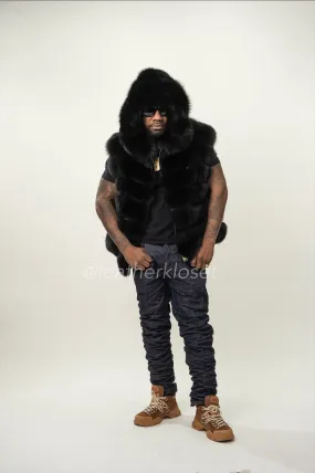 Men's Fox Fur Vest Black With Hood