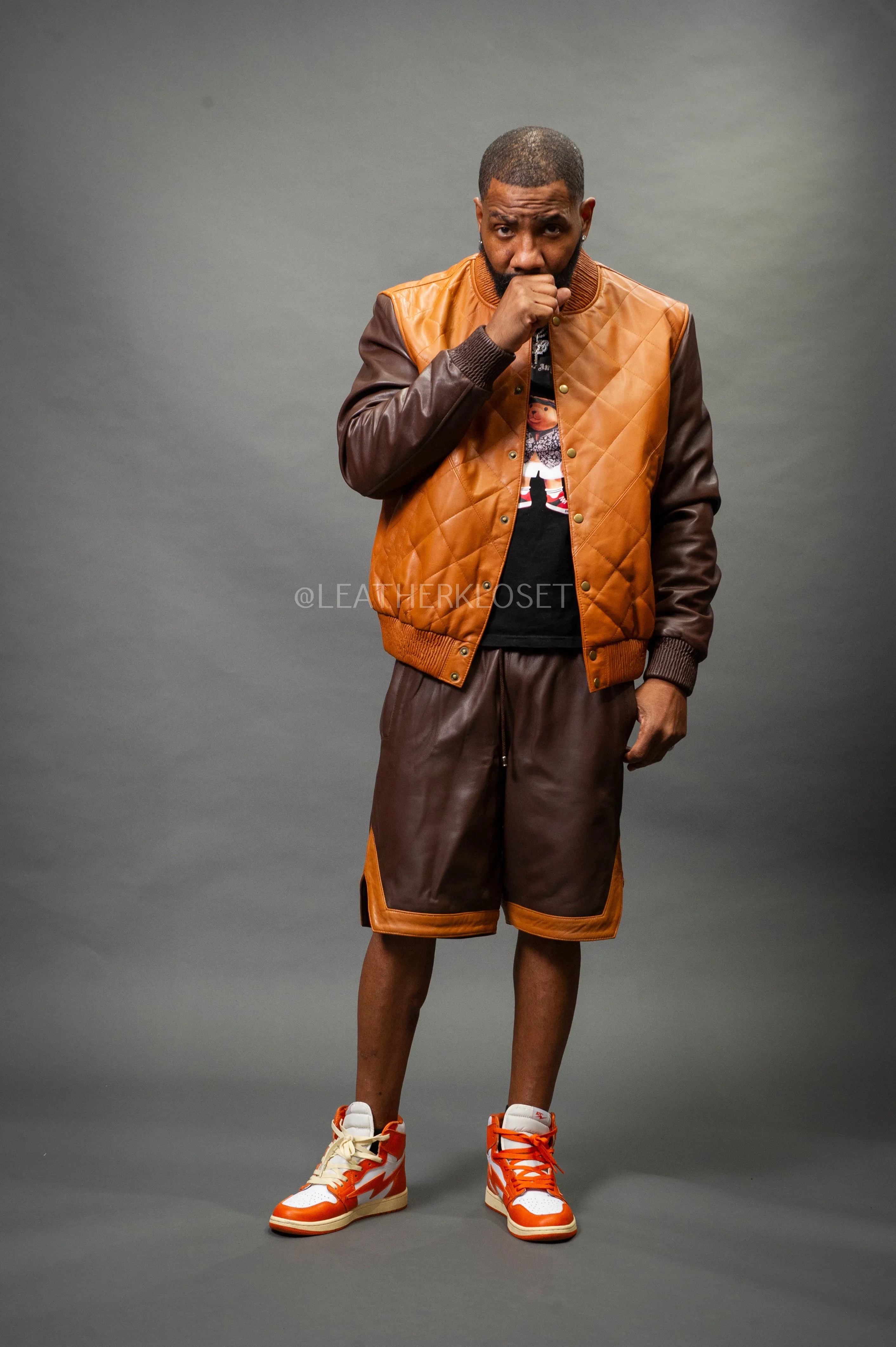 Men's Leather Adan Varsity Jacket With Shorts [Chocolate/Saddle]