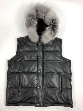 Men's Leather Bubble Vest With Premium Fox Fur Hood