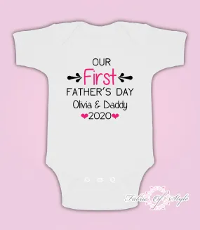 Personalised Our First Fathers Day Baby Kids  Body Suit Vest Girl