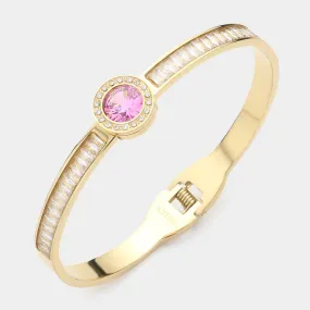 Pink Gold Stainless Steel Round Stone Accented Baguette