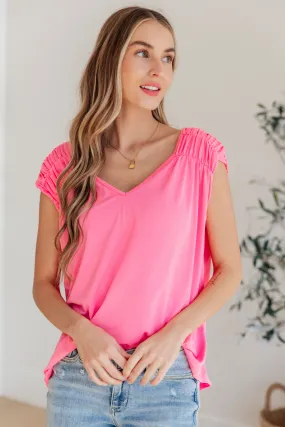 RuchedCap Sleeve Top in Neon Pink