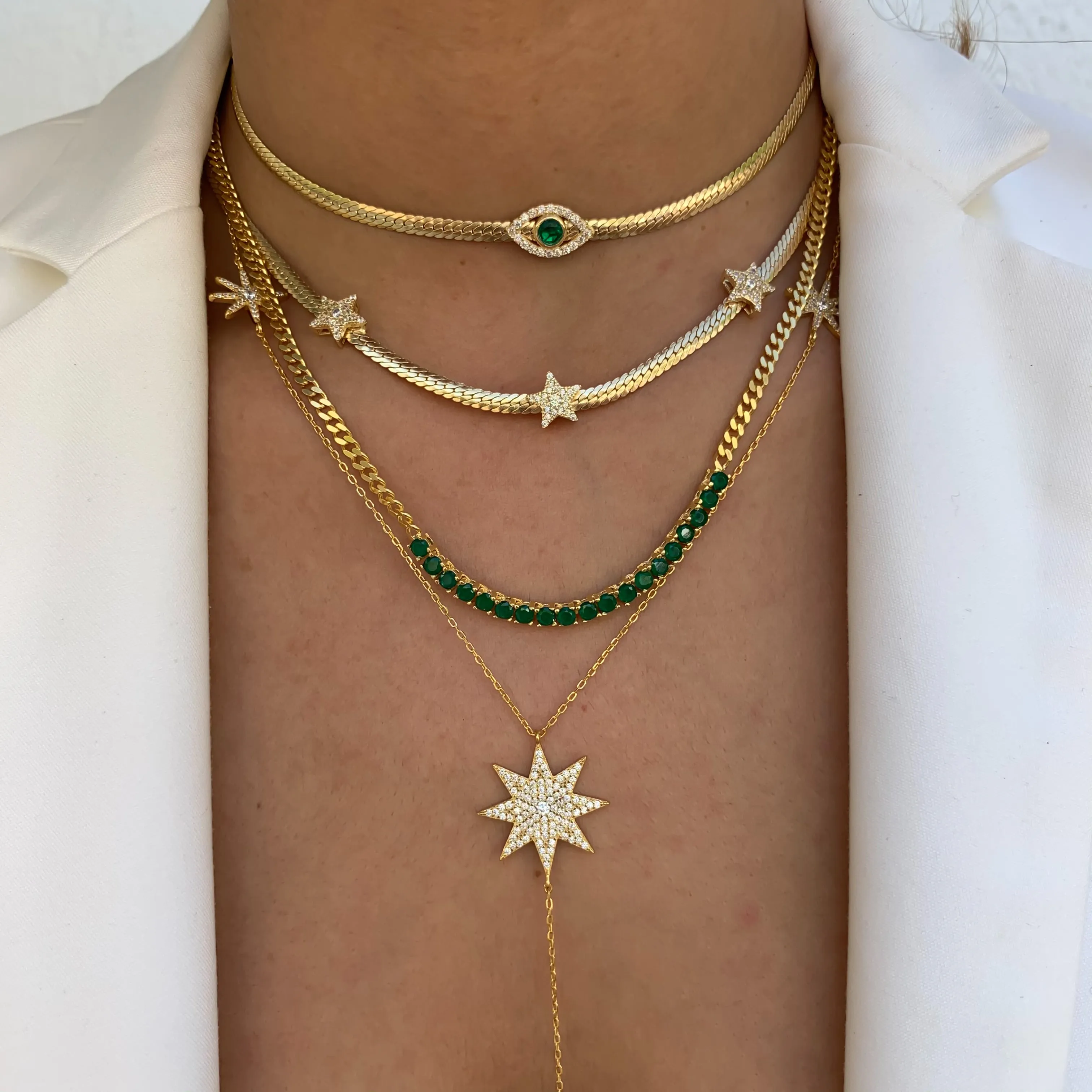 Silver gold plated tennis style emerald link necklace