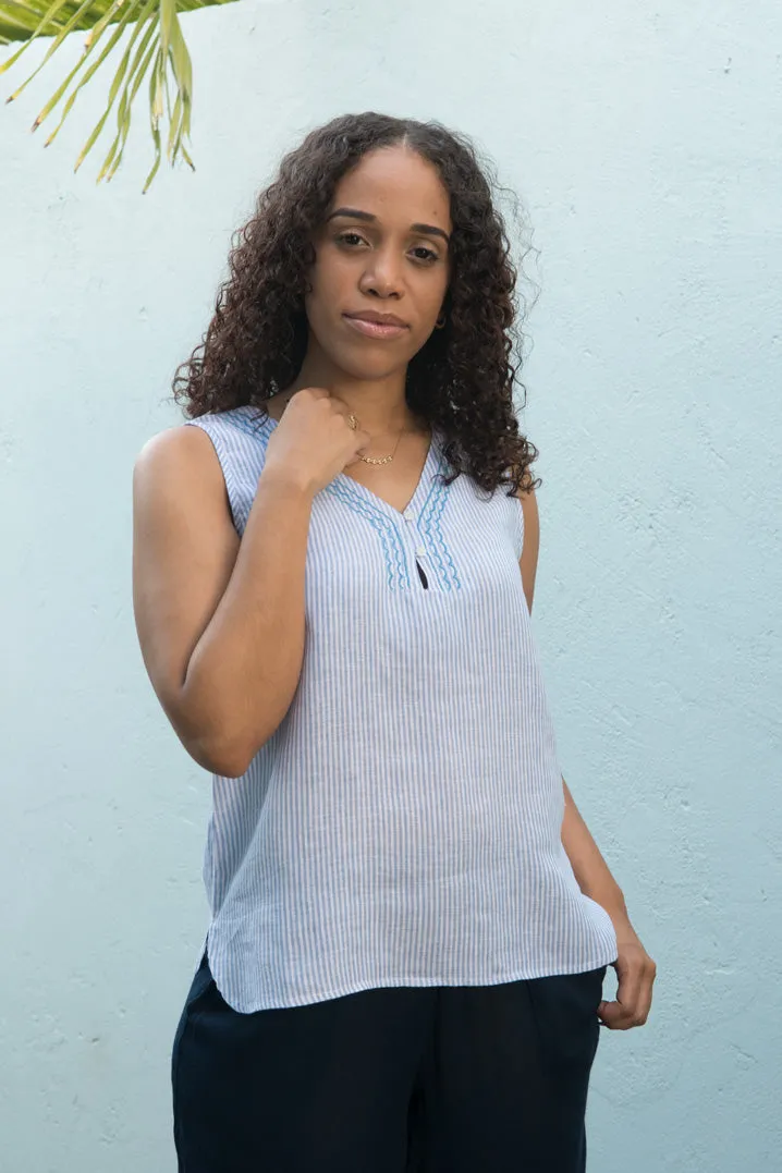 Sleeveless Linen Top - Blue Stripe