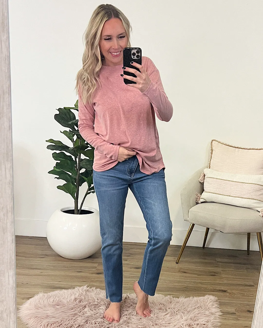 Slub Knit Long Sleeve Top - Rose