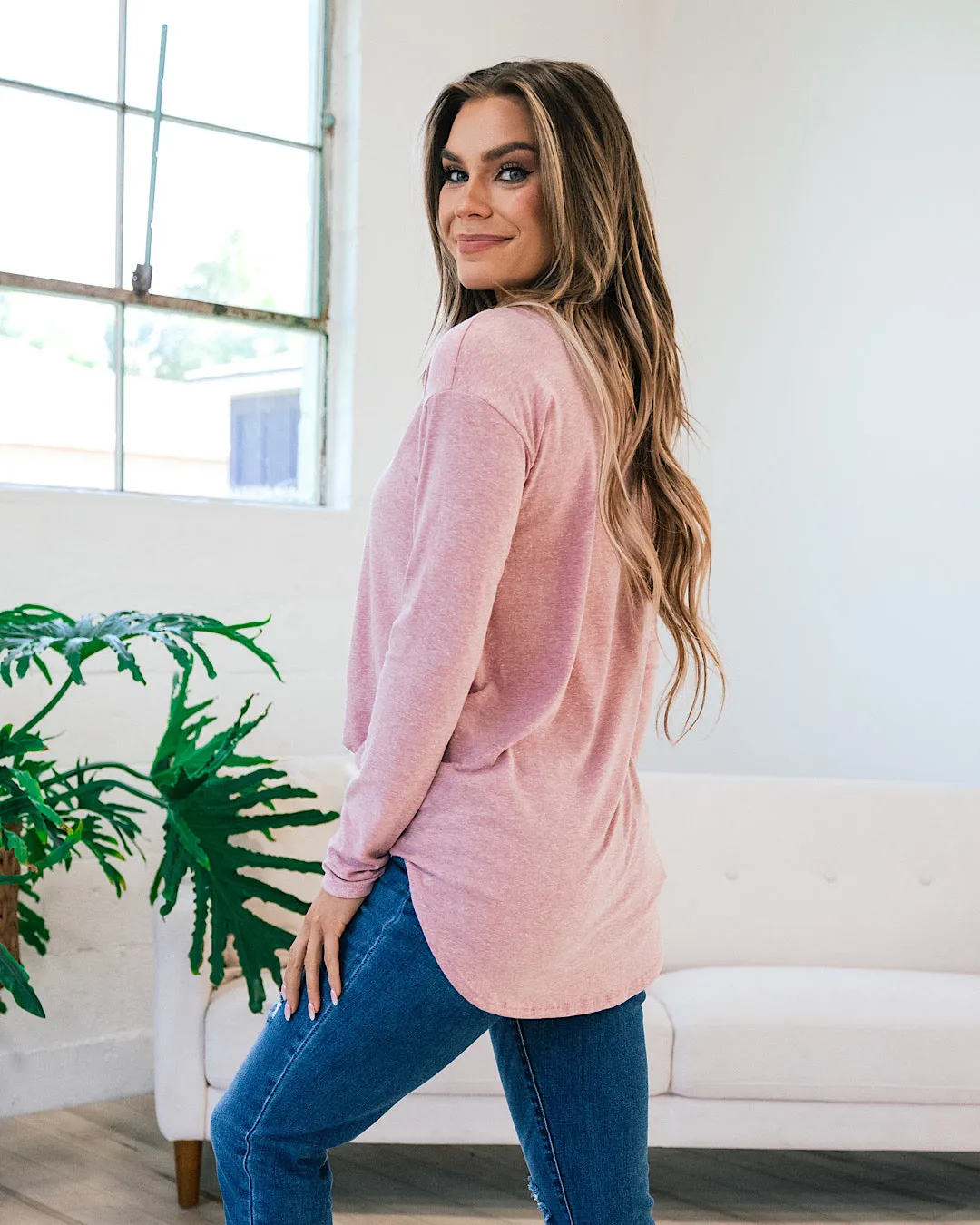 Slub Knit Long Sleeve Top - Rose