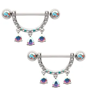 Triple Teardrop Dangle Rainbow Aurora CZ Stainless Steel Nipple Barbell