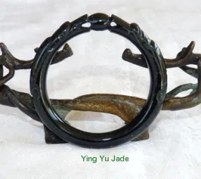 Two Dragons Hold Pearl Deep Green-Black Chinese Jade Carved Bangle Bracelet 53mm 56mm 58mm 60mm 61mm  (DC-DD)