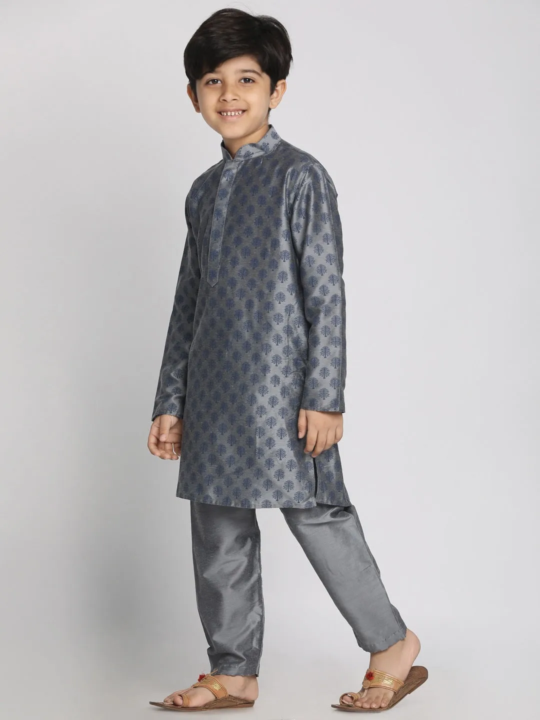 VASTRAMAY Boy's Grey Printed Kurta With Pyjama Set