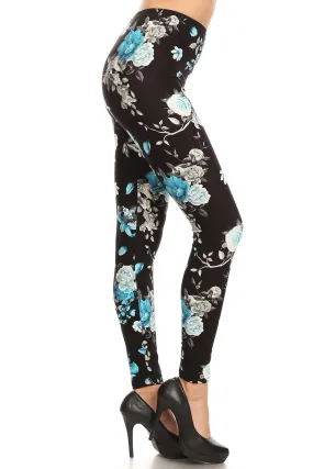 Women's Plus Blue Flower and Bird Pattern Printed Leggings